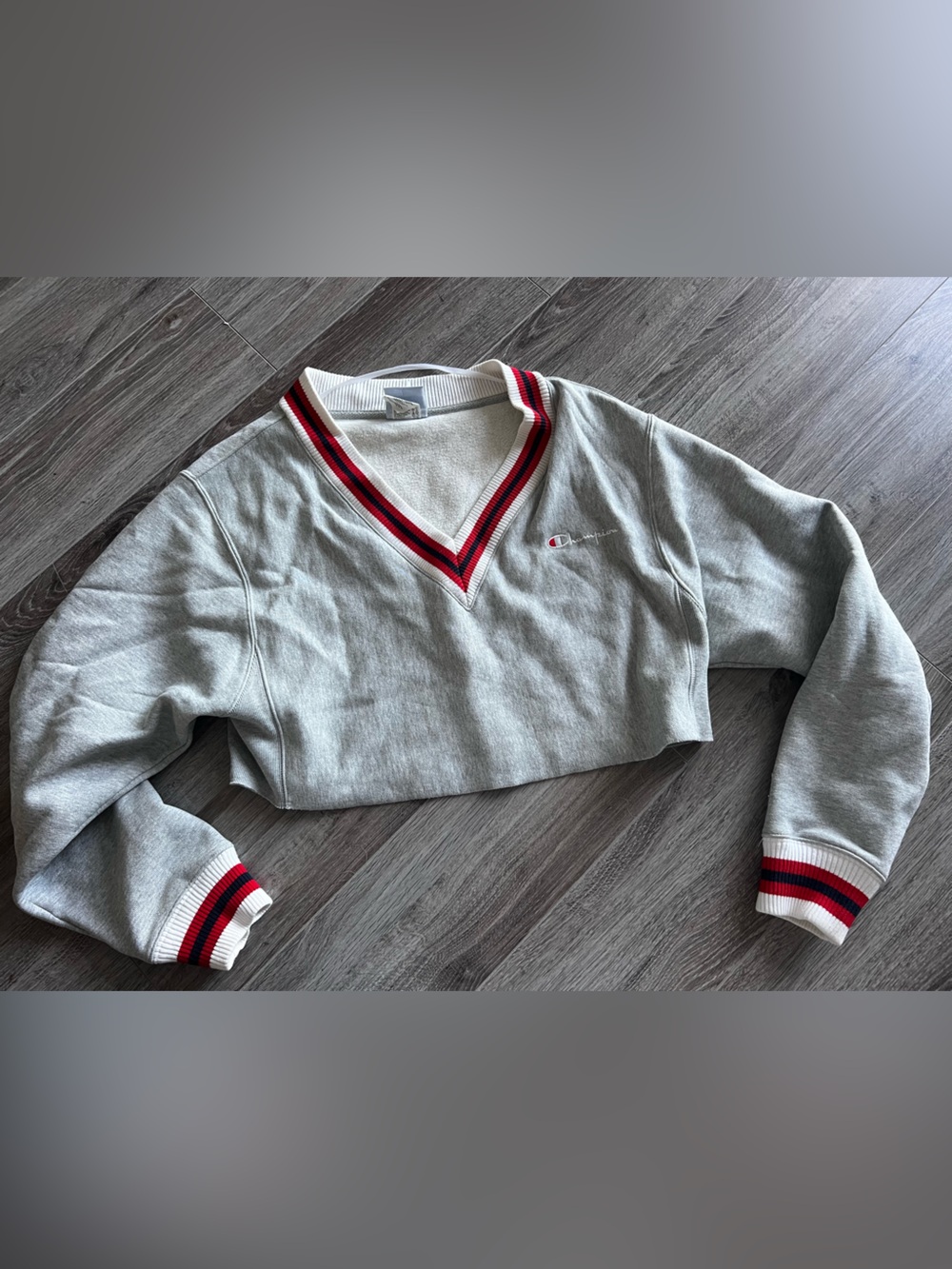 Champion Cropped V-Neck Sweatshirt in Heather Gray with Red & Black Trim